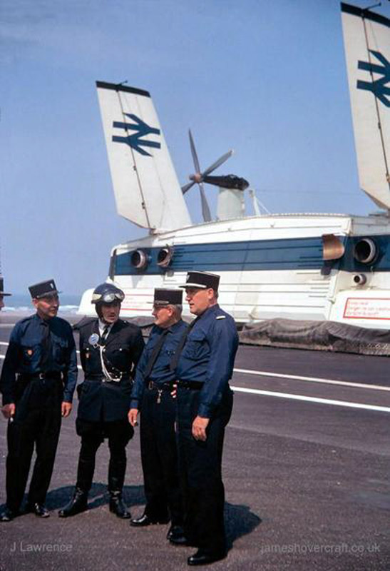 The SRN4 with Seaspeed in Calais - French gendarmes near the SRN4 (Pat Lawrence).